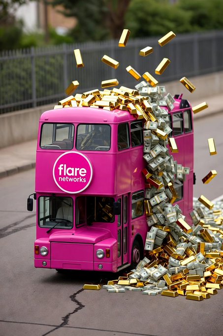 A pink double-decker bus labeled 'flare networks' overflowing with stacks of cash and gold bars spilling onto the street.