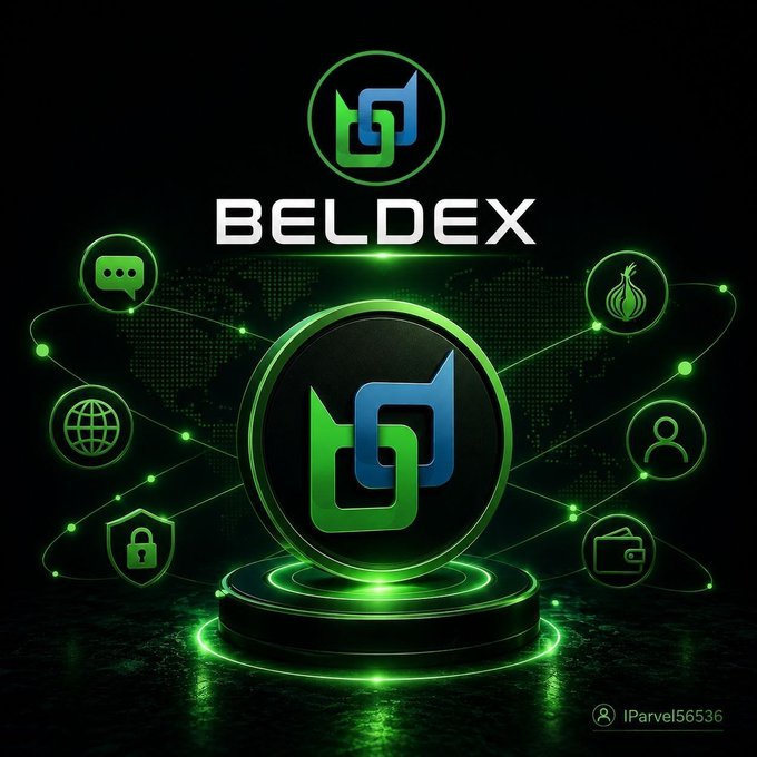 A promotional graphic for 'BELDEX' cryptocurrency featuring its green and blue logo in the center, surrounded by icons representing chat, onion routing, user profiles, wallet, security, and web services, with a watermark 'IParvel56536' at the bottom right.