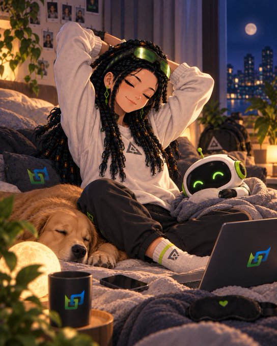 An anime-style illustration of a girl relaxing in bed with a sleeping golden retriever and a small white robot companion in a city setting.
