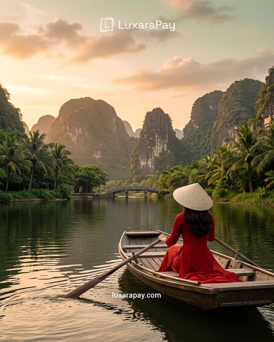 A woman in a red dress and traditional conical hat rows a wooden boat through a serene river valley framed by towering limestone karsts and palm trees at sunset. The image, branded with "LuxaraPay" and "luxarapay.com," visually evokes the Southeast Asian destinations—particularly Vietnam, Laos, and Thailand—where the crypto payment service now operates.