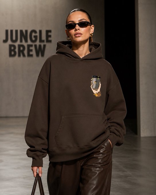 A fashion model wearing small black sunglasses, gold hoop earrings, and a brown hoodie with a small graphic on the chest, standing in front of a wall with the text 'JUNGLE BREW'.