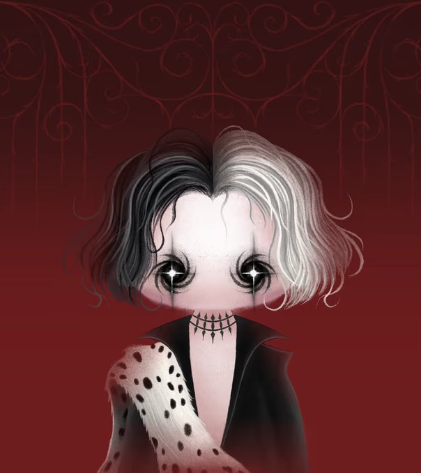 A digital illustration of a Cruella-inspired character with split black-and-white hair, striking star-shaped eyes, and a black spiked choker, set against a dark red background with ornate filigree. The gothic aesthetic perfectly complements the NFT sale announcement celebrating her finding a new owner.