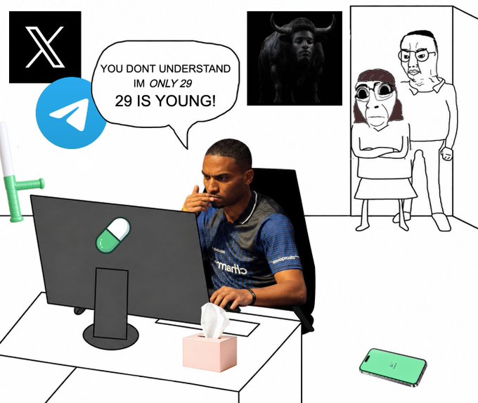A "Wojak" meme shows a young man at his desk telling older figures in his parents' doorway, "YOU DONT UNDERSTAND IM ONLY 29 / 29 IS YOUNG!" while surrounded by X, Telegram, and Bullish logos, ironically visualizing the post's "gm to all the young people" message.