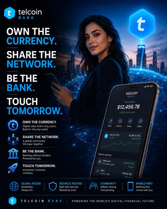 The image features a woman holding a cell phone, with the text "Touch. Tomorrow." written above her head. The background of the image shows a city skyline at sunset, creating an urban atmosphere. The text "Telcoin Bank" is also present in the image.
