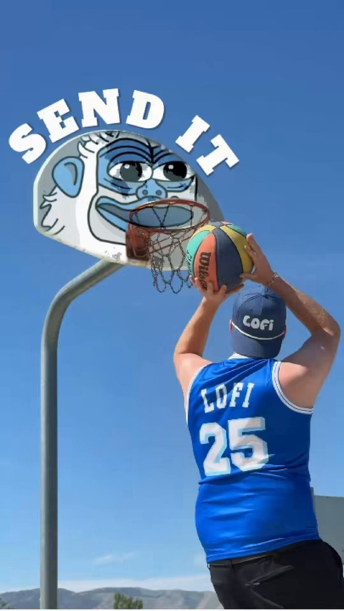 The image features a man wearing a blue shirt with the number 25, who appears to be playing basketball at an outdoor court. He is holding a basketball and attempting to shoot it into a hoop that has been painted like a face. The background of the photo shows a clear sky, indicating that they are likely in an open area or park. The image also contains text that reads "SEND IT", which could be related to the post about web3 and @lofitheyeti.
