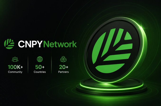 A promotional banner for 'CNPYNetwork' displays its green leaf icon alongside statistics: 100K+ Community, 50+ Countries, and 20+ Partners, set against a dark background with a glowing green coin.