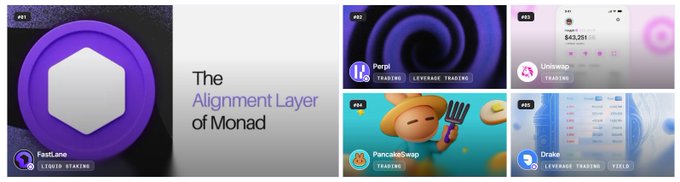 A promotional banner for 'The Alignment Layer of Monad' showcasing featured projects: FastLane (#47), Purple (#42), Upswing (#39), PancakeSwap (#36), and Drake (#36) on the leaderboard trading platform.