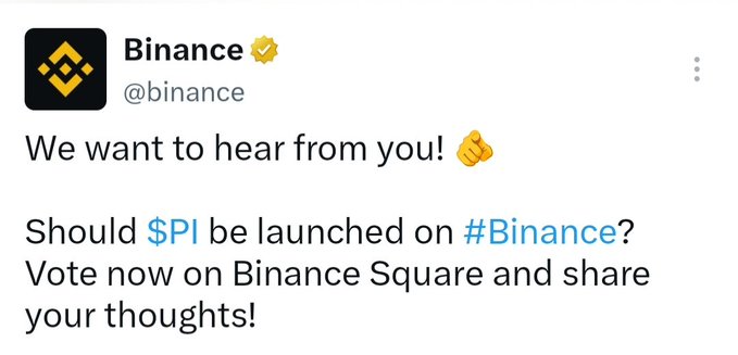 A screenshot of a tweet from the official verified Binance account (@binance) asking followers to vote on whether "$PI" should be launched on Binance, encouraging users to share their thoughts on Binance Square. The tweet directly relates to the post's commentary about community engagement, as the accompanying message claims that despite massive engagement—11.8M app views, 4.8M X post views, 294,960 votes with 86% in favor—Binance has still not responded about a Pi Network listing.
