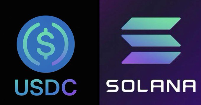 The image shows the USDC logo (a blue circle with a dollar sign) on the left and the Solana logo (three stacked gradient bars) on the right, against a dark background. This visual pairs the two brands to represent the announcement of $1.5 billion in USDC being minted on the Solana network, highlighting the growing integration of the stablecoin with the Solana blockchain.