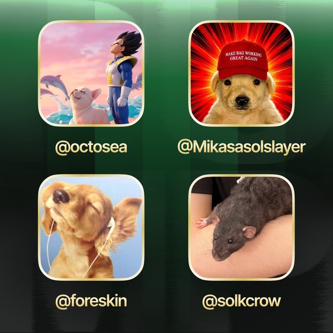 A promotional graphic welcoming four users—@octoseaa, @Mikasasolslayer, @foreskin, and @solkcrow—to the Pumpfun app, featuring a 2x2 grid of their profile icons: an anime-style character with a pig, a golden retriever puppy in a "Make Rag Working Great Again" MAGA hat, a golden retriever with earbuds, and a dark rat.