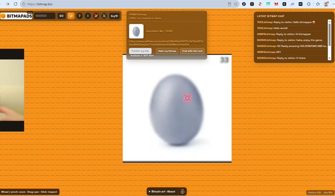 A screenshot of the Bitmaps.io website showing a gray oval/egg shape with coordinates that appear to be plot coordinates, with chat messages visible on the right.
