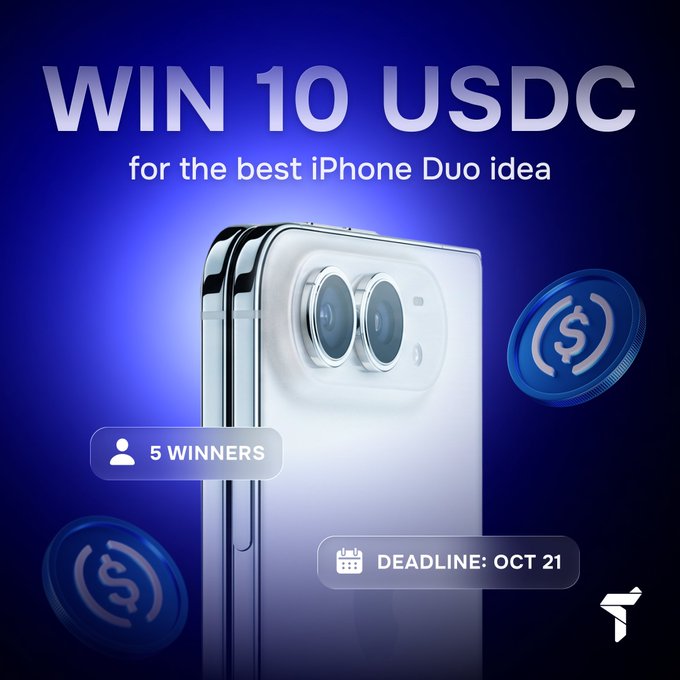 A blue promotional graphic reads “WIN 10 USDC for the best iPhone Duo idea,” showing two iPhones, floating USDC-style coins, “5 WINNERS,” and “DEADLINE: OCT 21.”