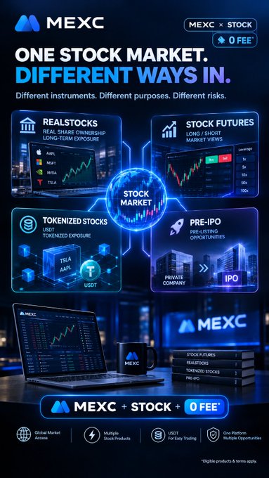 A MEXC promotional advertisement titled 'ONE STOCK MARKET. DIFFERENT WAYS IN.' featuring four quadrants for Realstocks, Stock Futures, Tokenized Stocks (USDT), and Pre-IPO opportunities, with 0 FEE promotion.