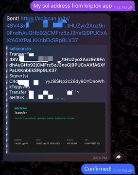 A Telegram chat showing a confirmed SOL address transfer from a kriptok app, displaying transaction details including 5H8rK token transfers.