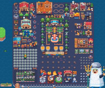 A pixel-art video game scene displaying a town map with various buildings, characters, and a '2025' banner, featuring a cartoon figure in the bottom right corner.