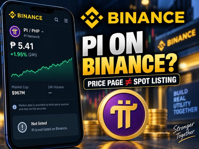 The image shows a smartphone displaying Binance's price page for PI/PHP (Pi Network) at $5.41 with a +1.95% 24h change and $967M market cap, alongside a disclaimer stating "Pi is not listed on Binance," visually reinforcing the post's key message that while PI appears on a Binance price page, it has not actually received a spot listing.