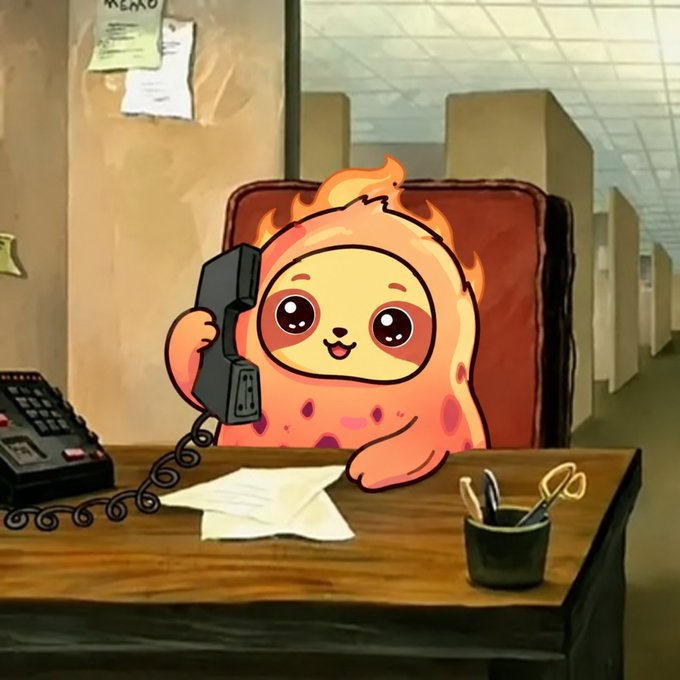 A cartoon illustration of a cute, fire-shaped character sitting at an office desk, smiling while talking on a black corded telephone, with office cubicles visible in the background.
