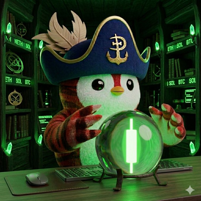 The image features a cartoon penguin wearing a pirate hat, standing at a desk with a computer mouse and keyboard in front of him. The penguin appears to be playing a video game or using a computer program that involves a crystal ball. The background shows bookshelves filled with various items, suggesting the setting could be a library or a room dedicated to reading and learning. The post includes text about GM for the culture Anybody wish they had bought SPCX holder, which is unrelated to the image's content and does not provide any relevant information about the cartoon penguin or its activities in the scene.