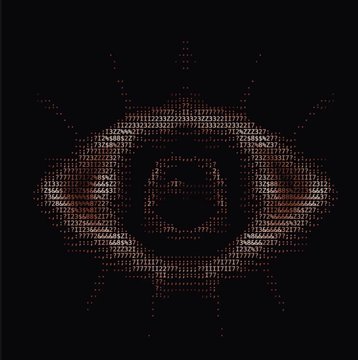 A dark, pixelated image showing what appears to be a stylized eye or face design with copper/bronze tones on a black background.