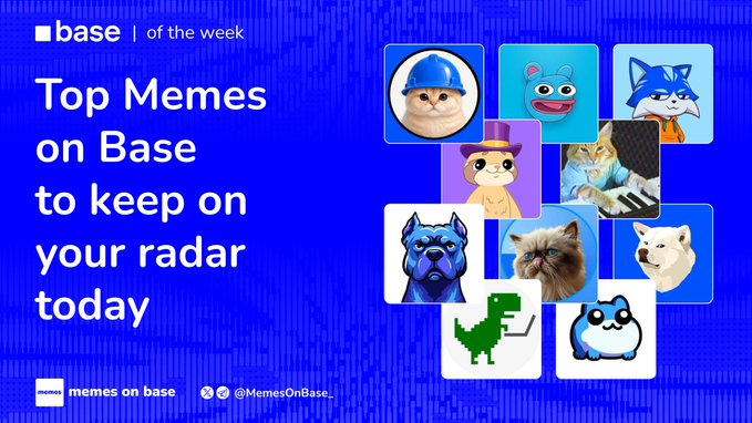 A blue promotional graphic titled "Top Memes on Base to keep on your radar today," featuring a collage of meme coin mascots—including cats, dogs, and other characters—representing the trending tokens $BASECAT, $BRETT, $TOSHI, $DEGEN, $KEYCAT, and $DOGINME highlighted in the post.