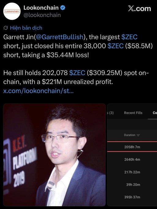 A tweet from @lookonchain reporting that Garrett Jin (@GarrettBullish) closed his 38,000 $ZEC ($58.5M) short for a $35.44M loss, still holding $309.25M in spot $ZEC.