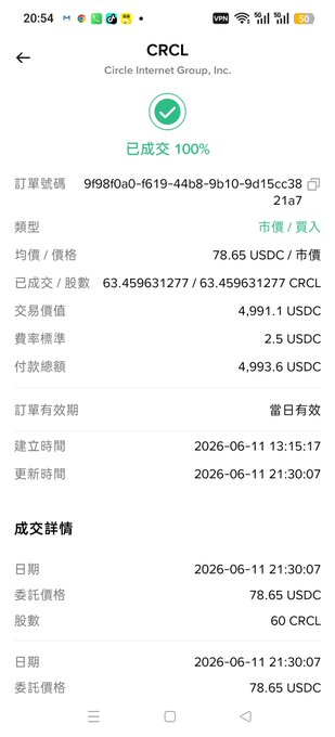 This image shows a phone screen showing a list of cryptocurrency prices for Circle Internet Group Inc., including a price update.