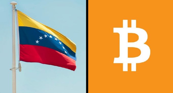 The image shows the Venezuelan flag next to the Bitcoin logo, illustrating Venezuela's potential integration of Bitcoin into its banking infrastructure. This visual juxtaposition directly reflects the accompanying text about crypto adoption in Venezuela.