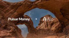 A promotional banner showing 'Pulsar Money' and 'Arc' logos against a backdrop of red rock arches in a desert landscape.
