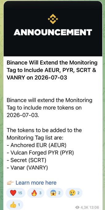 Binance announcement that on 2026-07-03, it will add four tokens—Anchored EUR (AEUR), Vulcan Forged PYR (PYR), Secret (SCRT), and Vanar (VANRY)—to its Monitoring Tag list. The accompanying post suggests these "trash" tokens are being staged for potential 98–99% price drops, eventual delistings, or manipulated pumps by market makers beforehand.