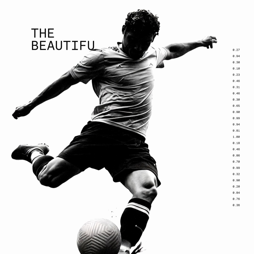 The image shows a soccer player dressed in black shorts and t-shirt skillfully kicking a soccer ball, likely preparing for or executing a powerful strike during a game. The backdrop of the image is predominantly white, which further emphasizes the focus on the soccer action. The presence of the World Cup logo indicates that this is a significant event related to soccer. In addition to the image itself, there is also text visible in the image, including the words "Beautiful" and "The Beautiful Game", along with other phrases like "3 days until the world backs a champion," which could be part of a motivational campaign or advertisement.