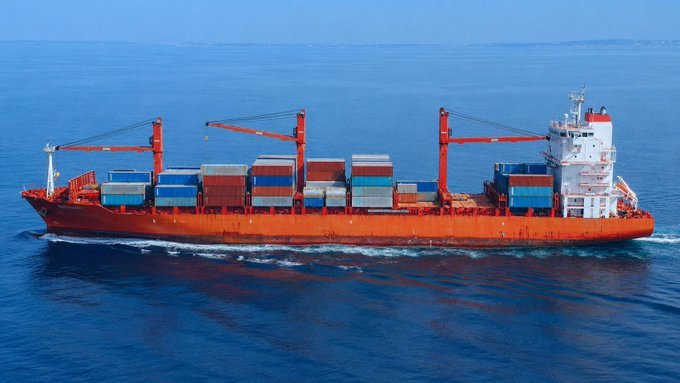 An aerial photograph of a red cargo container ship with on-board cranes carrying stacked shipping containers across a blue ocean.