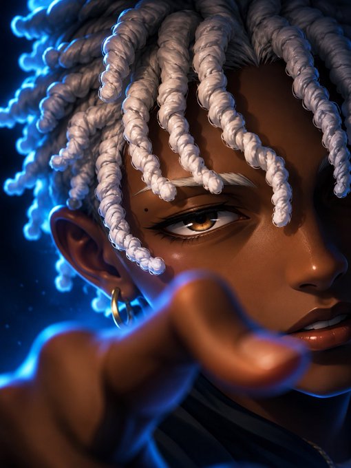 A digital artwork portrait of a person with white braided dreadlocks, amber eyes, and a gold hoop earring, reaching a hand toward the viewer against a dark blue glowing background.