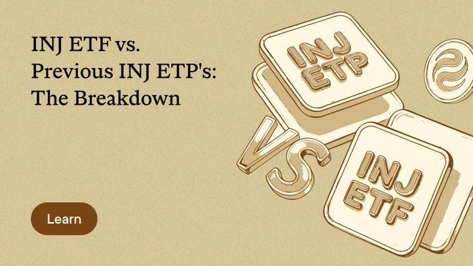 A promotional banner with the text "INJ ETF vs. Previous INJ ETP's: The Breakdown" featuring stylized 3D gold and cream-colored "INJ ETF" blocks, alongside a "Learn" button.