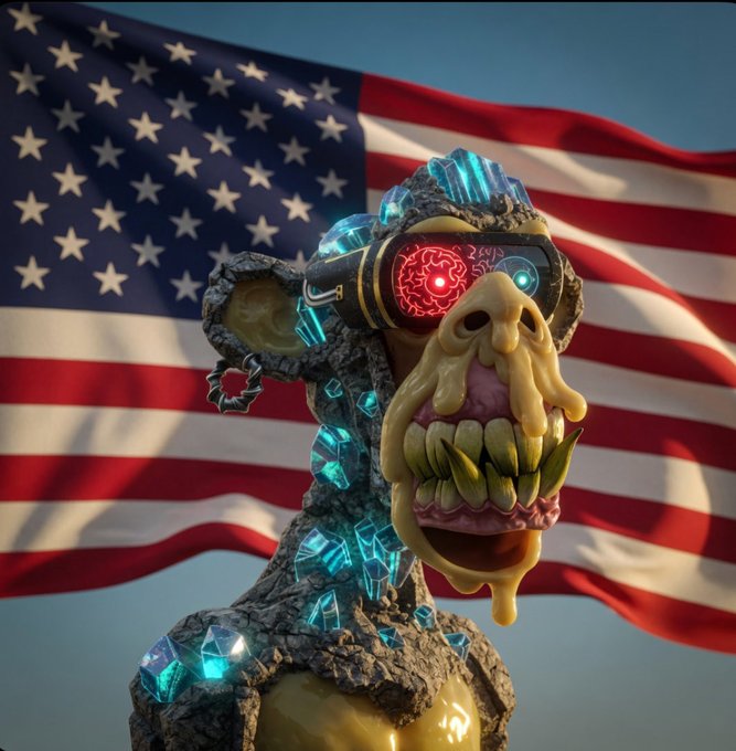 A 3D rendered character with a melting, grotesque face, a red glowing cybernetic eye, and blue crystalline body parts, set against an American flag.