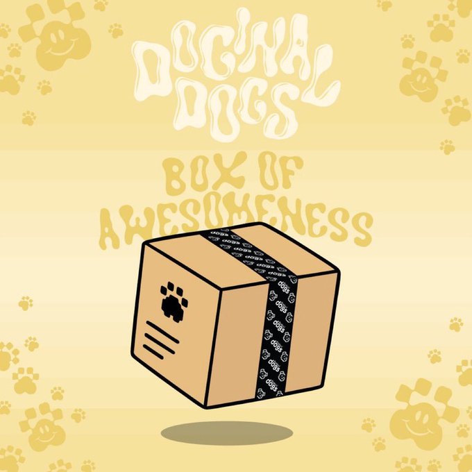 A brown cardboard box with a black dog paw design and the text "Box of Awesomeness" is shown against a yellow background, accompanied by small white paw prints.