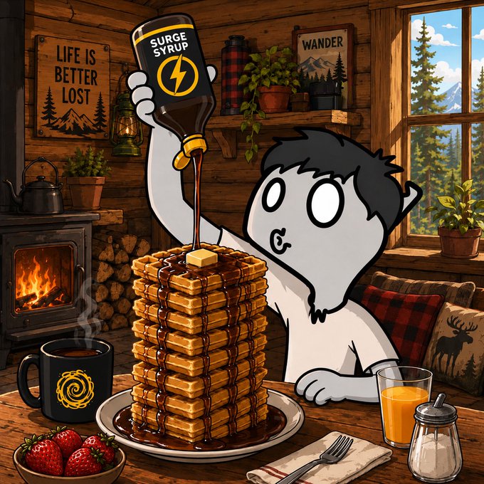 A cartoon illustration of a character pouring 'SURGE SYRUP' over a tall stack of waffles with butter, set in a cozy cabin with signs reading 'LIFE IS BETTER LOST' and 'WANDER'.