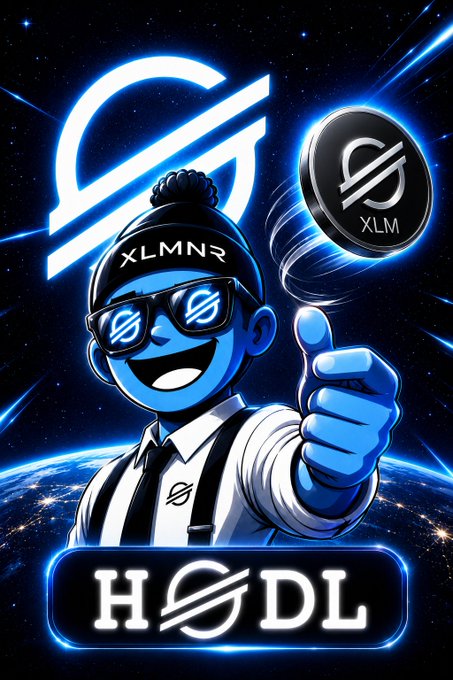A blue cartoon character wearing a black beanie labeled 'XLMNR' and sunglasses, giving a thumbs up next to a Stellar (XLM) coin logo and 'HODL' text.