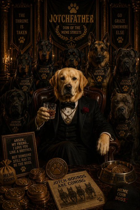 A parody of 'The Godfather' titled 'JOTCHFATHER' featuring a golden retriever as the Don surrounded by German Shepherds and other dogs in a dark throne room, with text 'THE THRONE IS TAKEN', 'GO GRAZE SOMEWHERE ELSE', 'JOTCHFATHER DON OF THE MIEGE STREETS', and 'JOTCH-HOUNDS ARE COMING'.