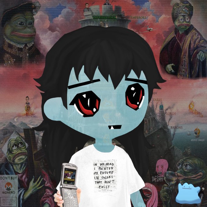 The image features a cartoon girl wearing a white t-shirt that says "In my future I will be unbreakable" while holding a cell phone. The background includes various cartoon characters, including a frog, a princess, and a dragon. The text in the image also mentions a "don't buy me" sign, which could potentially be related to the post about suimilios or the motorolla trait.