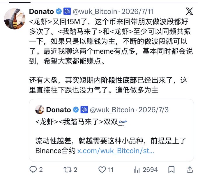 A Twitter/X post by user Donato (@wuk_Bitcoin) from 2026/7/11 in Chinese discussing crypto meme coins including <龙虾> (Lobster) and <我踏马来了>, with 11 likes and 2694 views.