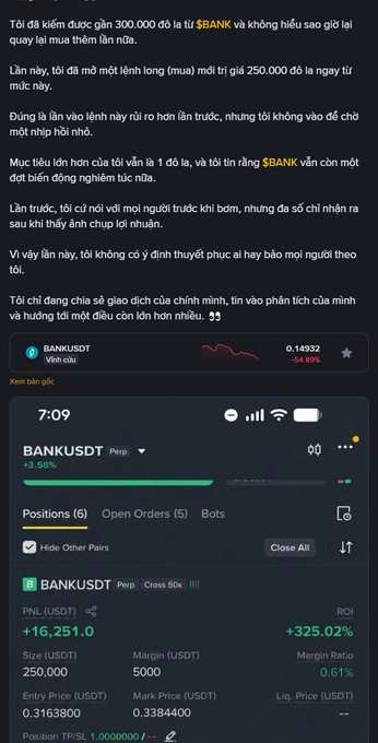 A Vietnamese-language trading post about $BANK token trades, showing a BANK/USDT pair down 54.89% with the trader's position showing +325.02% ROI on a 250,000 USDT trade at 5x leverage with entry price 0.3163800 and mark price 0.3384400.
