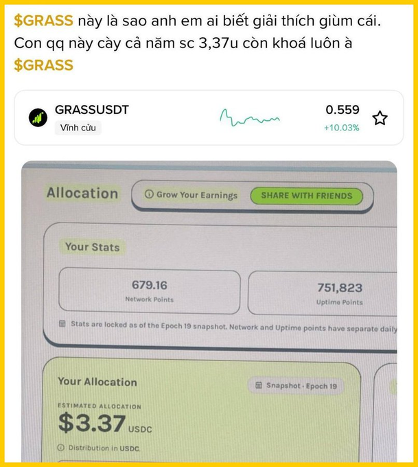 A Vietnamese-language social media post discussing $GRASS with a screenshot showing 679.16 Network Points, 751,823 Uptime Points, and an estimated allocation of $3.37 USDC.