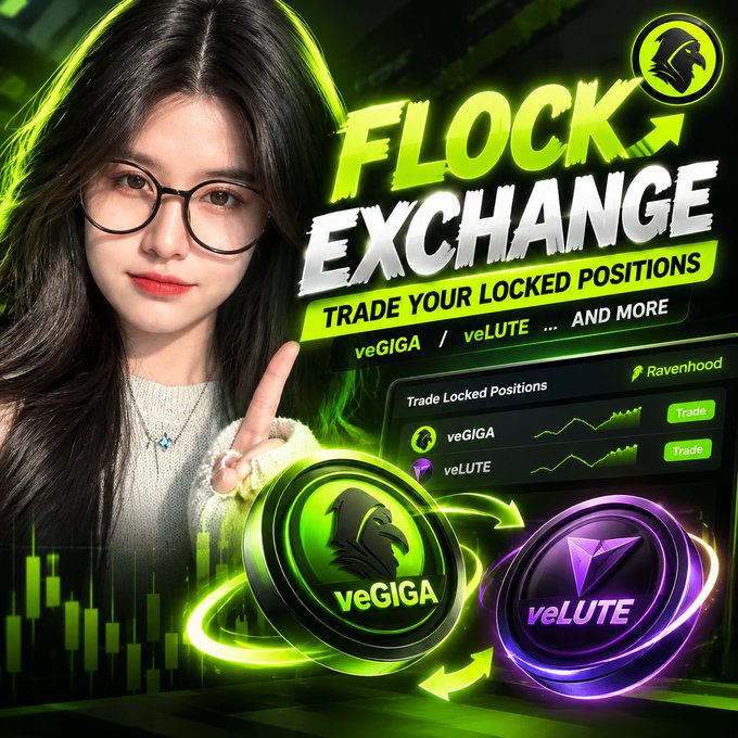 A promotional graphic for 'FLOCK EXCHANGE' shows a woman with glasses alongside green and purple coins labeled 'veGIGA' and 'veLUTE' with text reading 'TRADE YOUR LOCKED POSITIONS' and the Ravenhood logo.