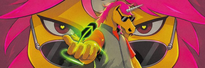 An animated graphic shows a character with pink hair holding a glowing green object, with a yellow unicorn-headed figure wearing sunglasses in the background.