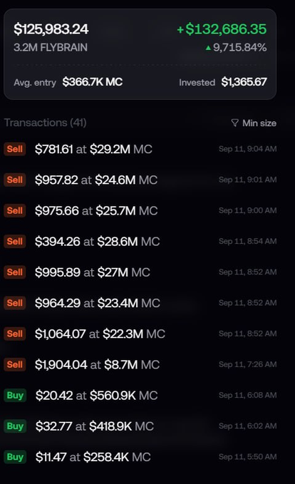A cryptocurrency trading interface shows a portfolio value of $125,983.24 with a gain of +$132,686.35 (+9,715.84%) for the asset 'FLYBRAIN', listing 41 buy and sell transactions.
