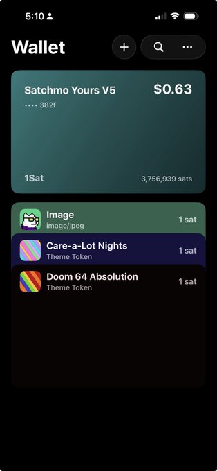 The image shows a mobile wallet app displaying "Satchmo Yours V5" with a balance of $0.63 and 3,756,939 sats, along with three tokens: "Image" (image/jpeg), "Care-a-Lot Nights Theme Token," and "Doom 64 Absolution Theme Token," each valued at 1 sat. The caption relates to the post about a test flight invite for iOS users from @wildsatchmo, suggesting this is a screenshot of the Satchmo wallet app on iOS, which now appears ready for testing.