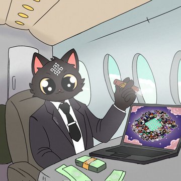 Anime-style illustration of a black cat character in a business suit smoking a cigar while sitting on an airplane, with a laptop displaying cryptocurrency and stacks of cash nearby.