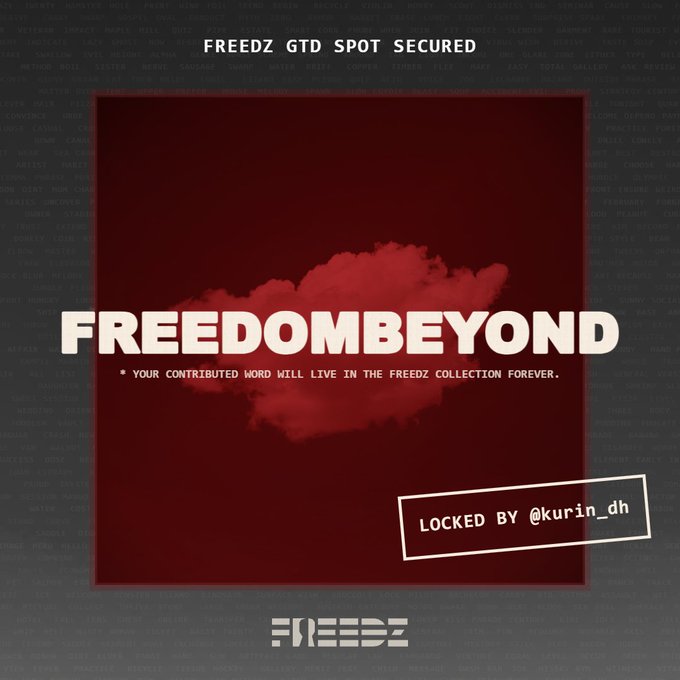 A graphic design featuring 'FREEDOMBEYOND' in large white text over a red background with a cloud shape, with 'FREEDZ GTD SPOT SECURED' at the top and 'LOCKED BY @kurin_dh' in a box.