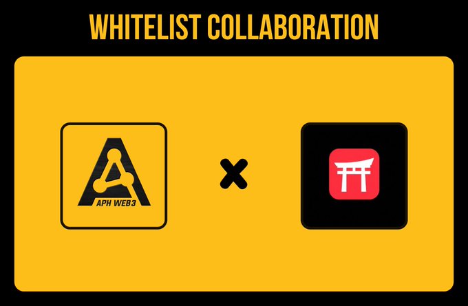 A graphic announcing a 'WHITELIST COLLABORATION' between 'APH WEB3' and a Torii gate icon, displayed on a yellow background.