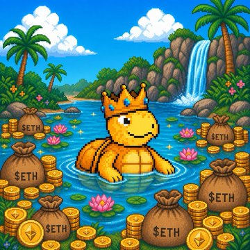 A pixel art illustration featuring a crowned yellow creature relaxing in a tropical pool surrounded by money bags labeled '$ETH' and gold coins.